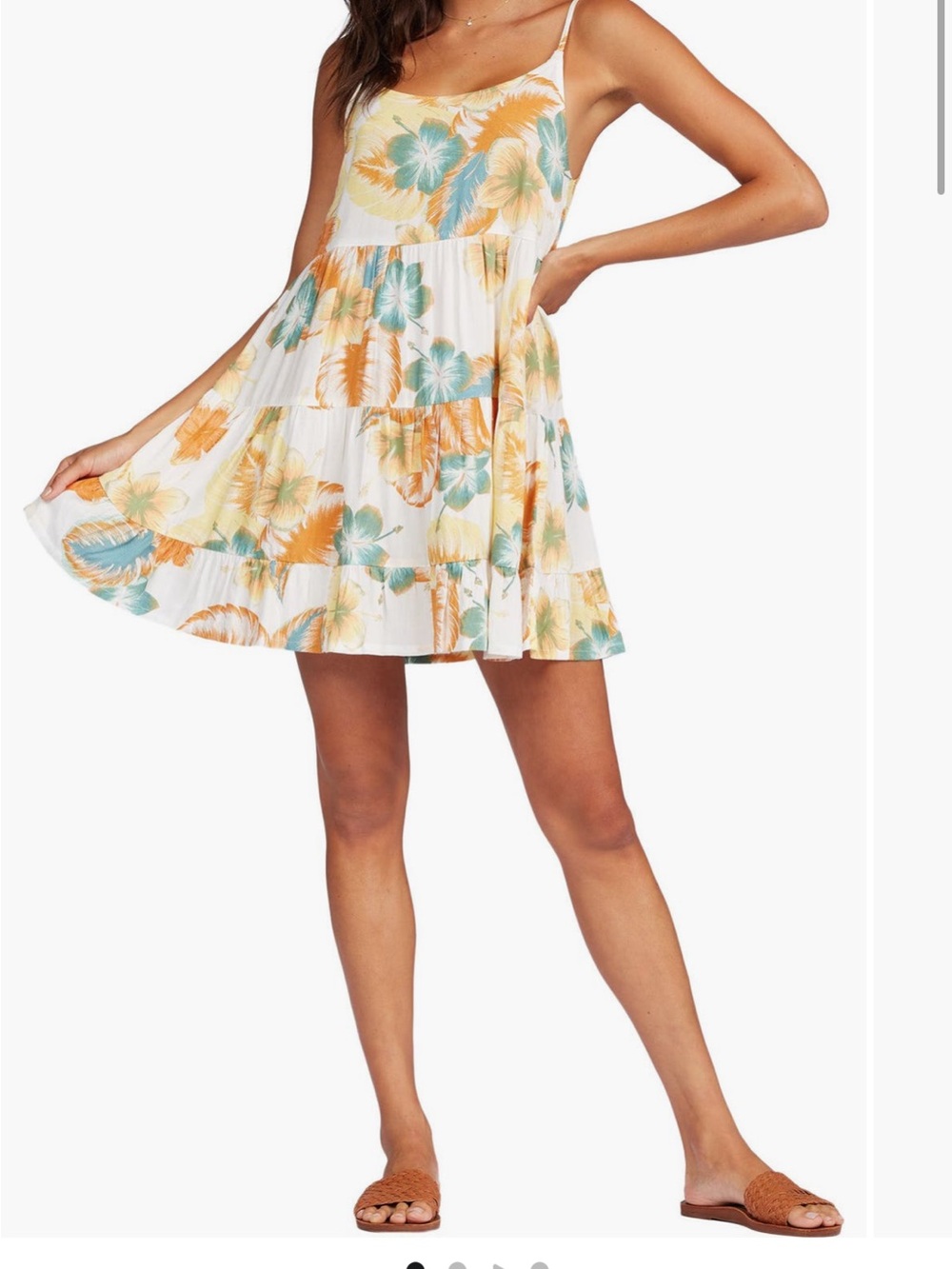 Roxy Tiered Spaghetti-Strap Floral Sundress in White with Yellow & Teal